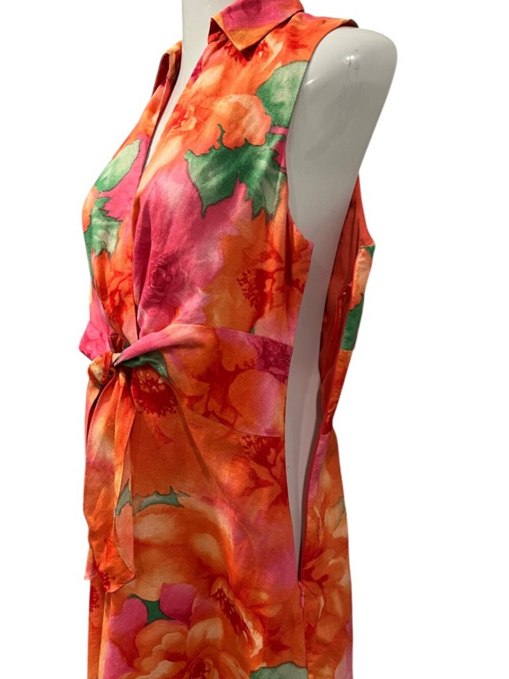 Jones New York Floral Linen Sleeveless Dress, Orange Pink, 12 - Picture 8 of 9